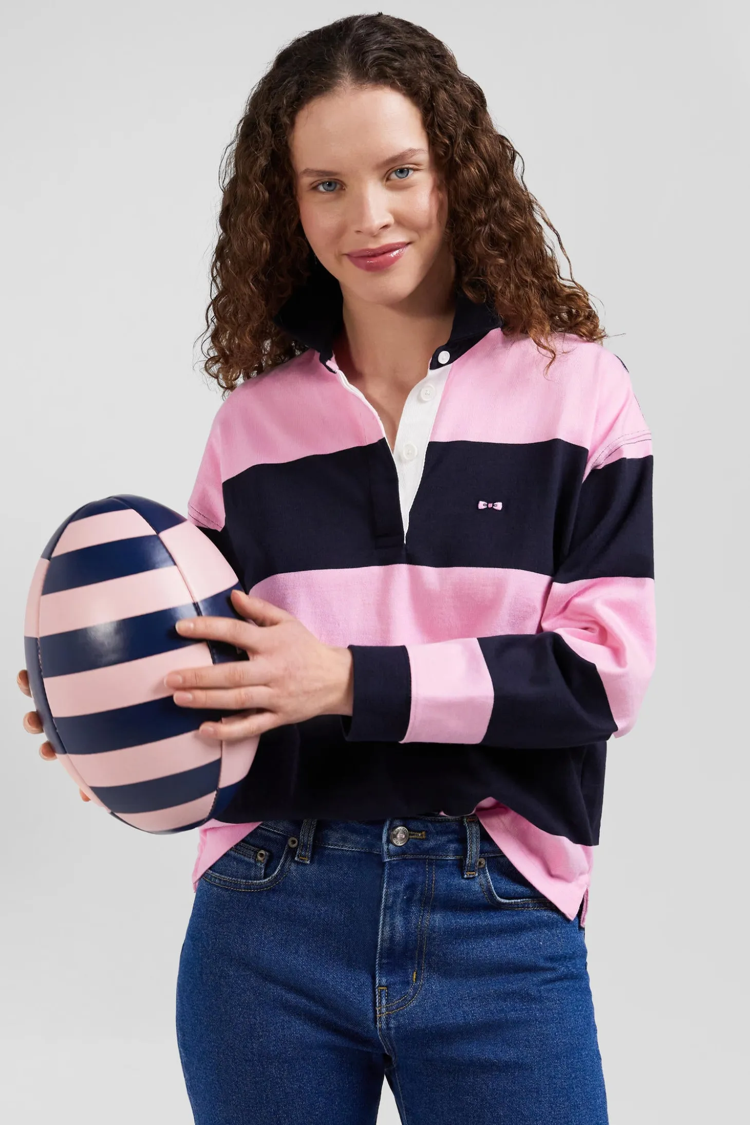 Maillot manches longues cerclé en coton marine et rose coupe Relaxed