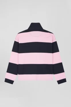 Maillot manches longues cerclé en coton marine et rose coupe Relaxed