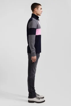 Maillot manches longues colorblock gris en coton broderie dos coupe Regular