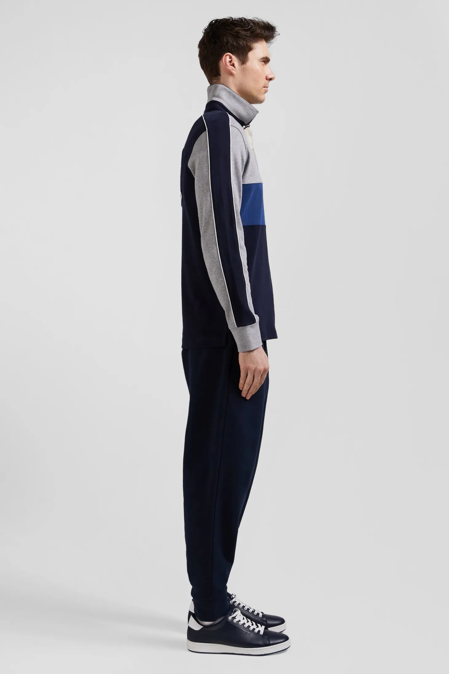 Maillot manches longues colorblock en coton bleu et gris coupe Regular