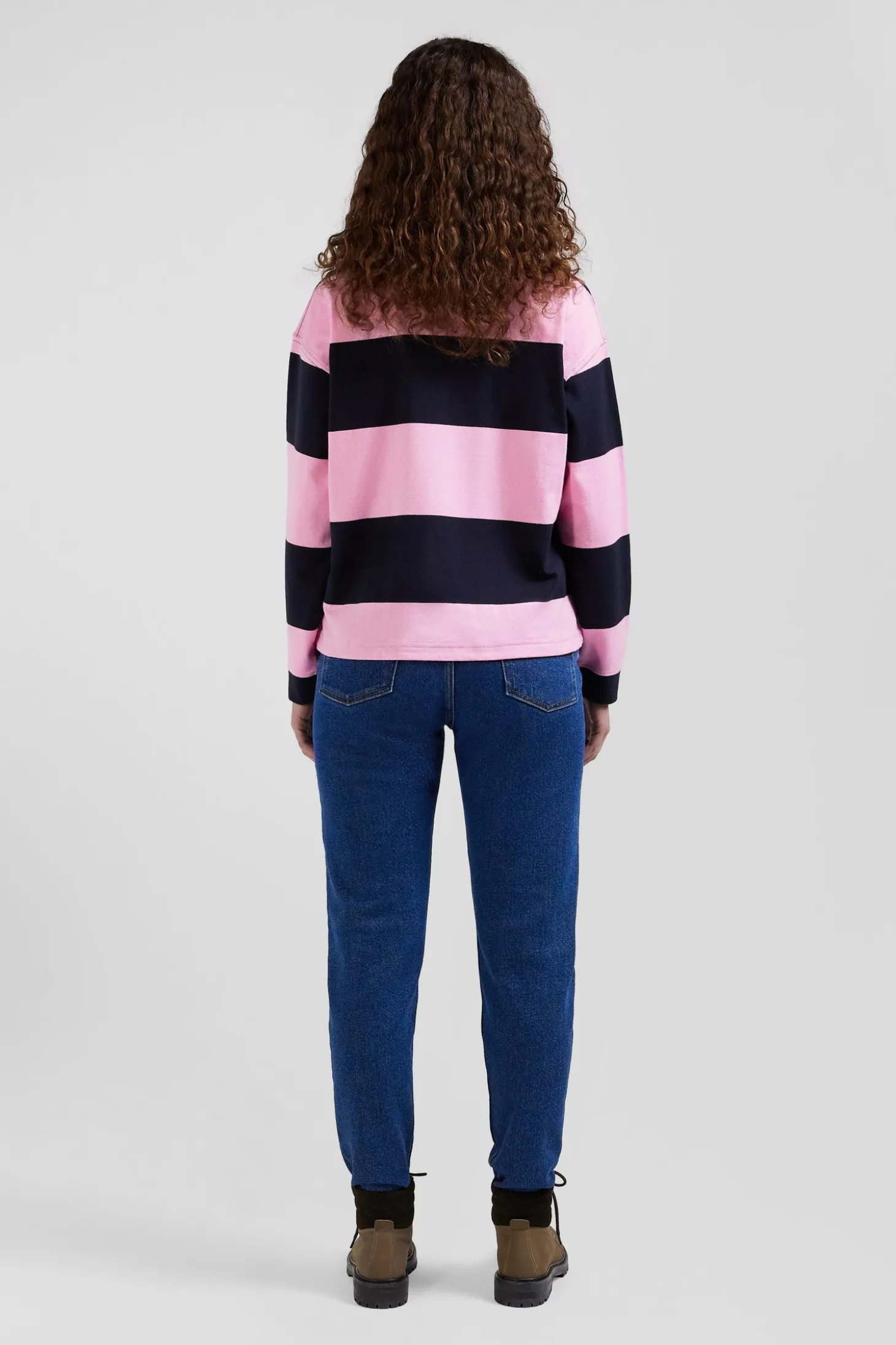 Maillot manches longues cerclé en coton marine et rose coupe Relaxed