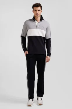 Maillot manches longues en coton noir broderie dos et passepoil coupe Regular