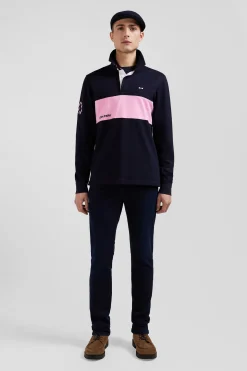 Maillot manches longues en coton bleu marine rayure rose coupe Regular