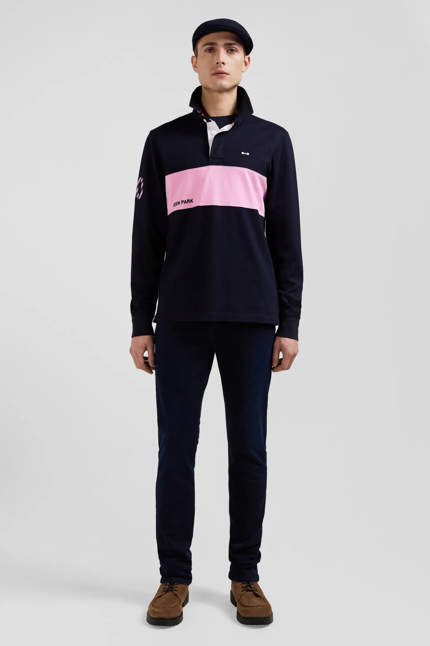 Maillot manches longues en coton bleu marine rayure rose coupe Regular