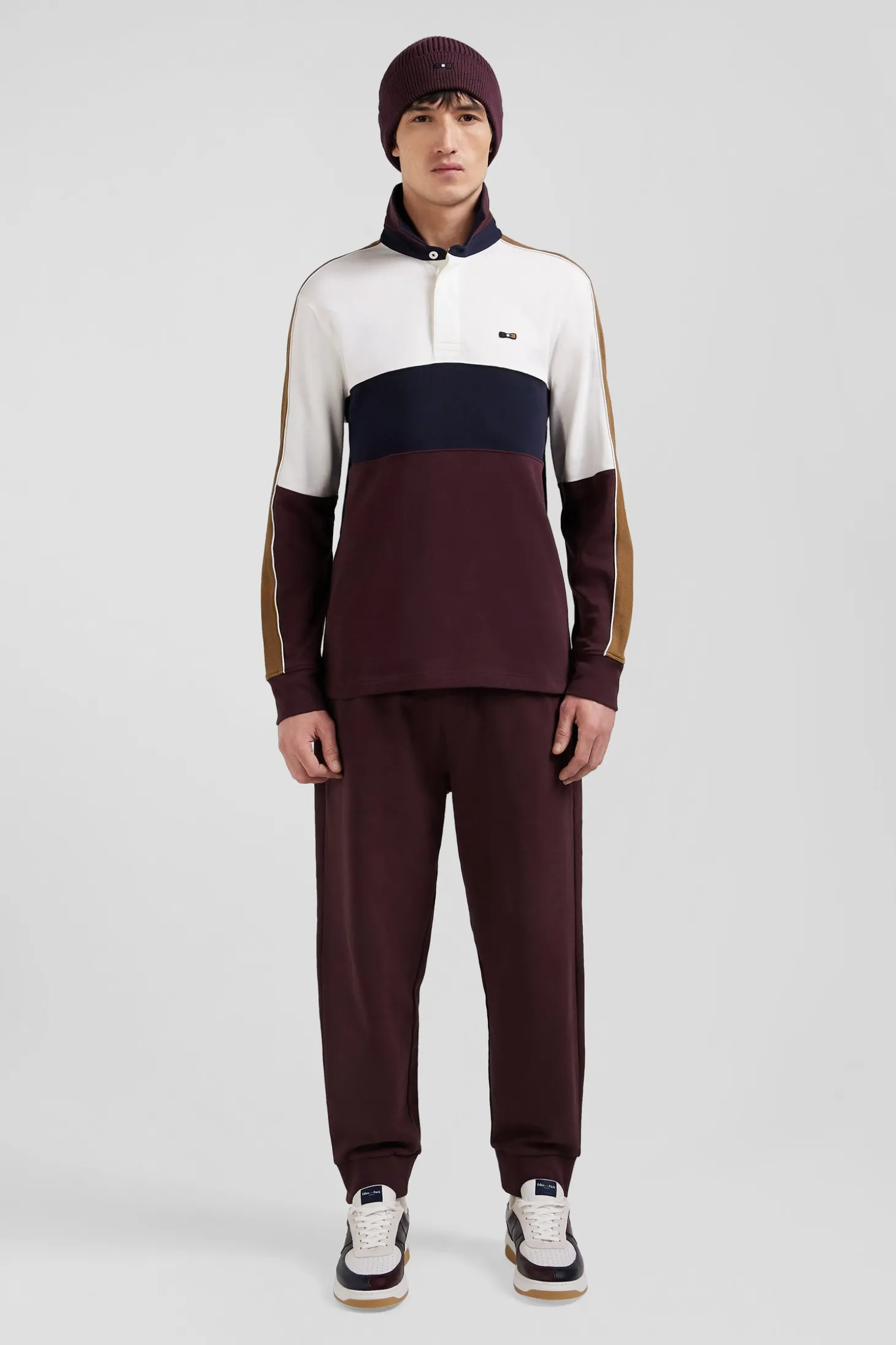 Maillot manches longues en coton bordeaux broderie dos et passepoil coupe Regular