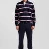 Maillot manches longues en coton cerclé bleu marine broderie dos coupe Regular