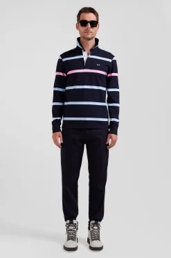 Maillot manches longues en coton cerclé bleu marine et ciel broderie dos coupe Regular