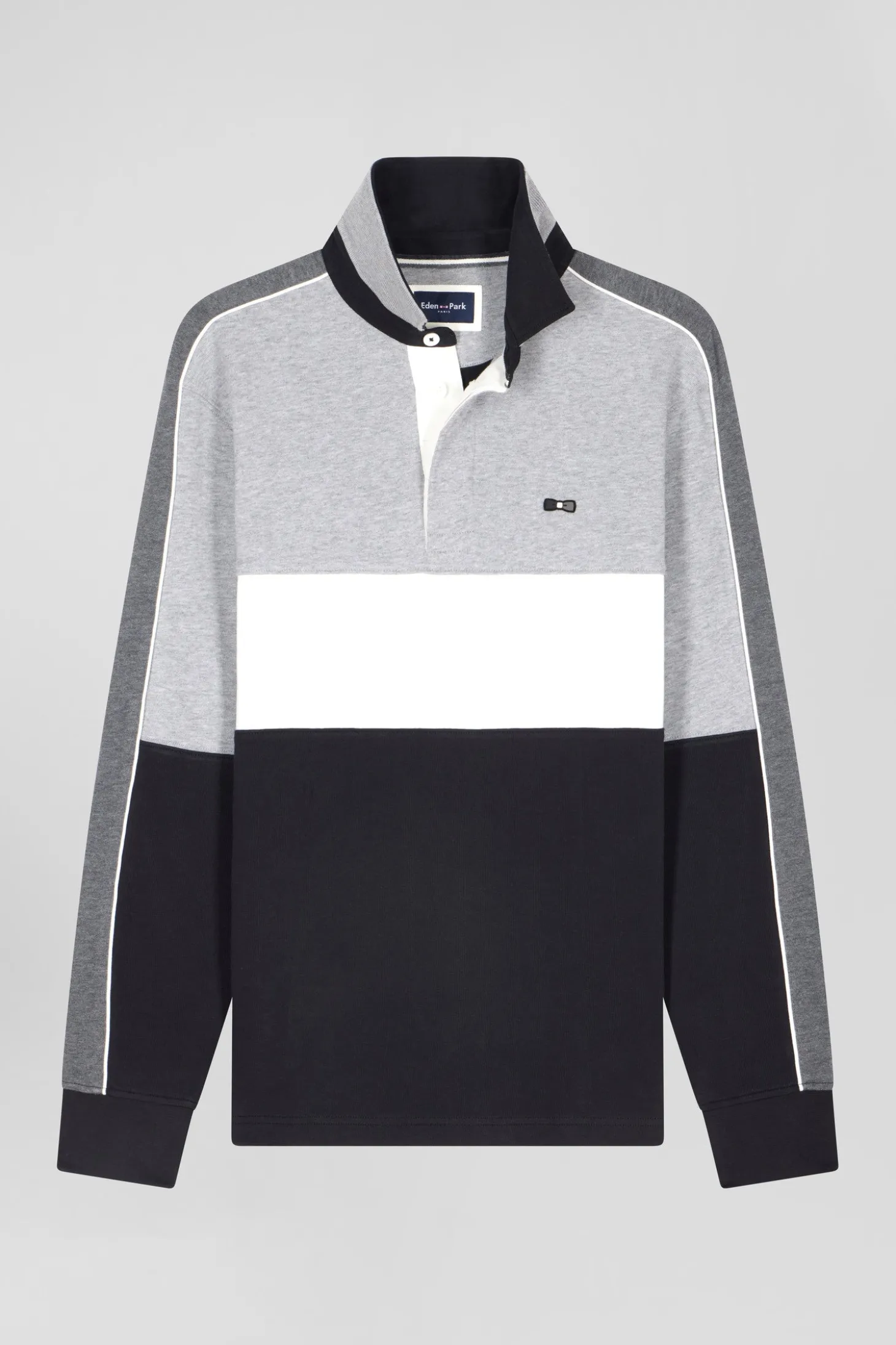 Maillot manches longues en coton noir broderie dos et passepoil coupe Regular