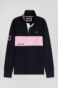 Maillot manches longues en coton bleu marine rayure rose coupe Regular