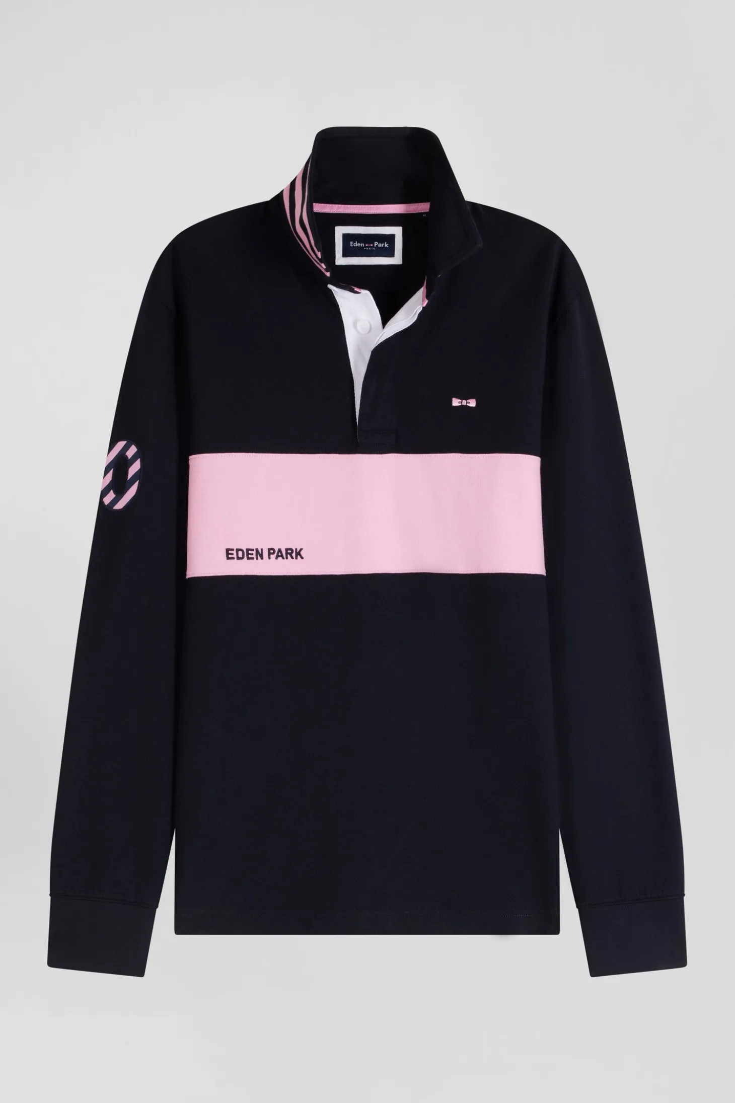 Maillot manches longues en coton bleu marine rayure rose coupe Regular