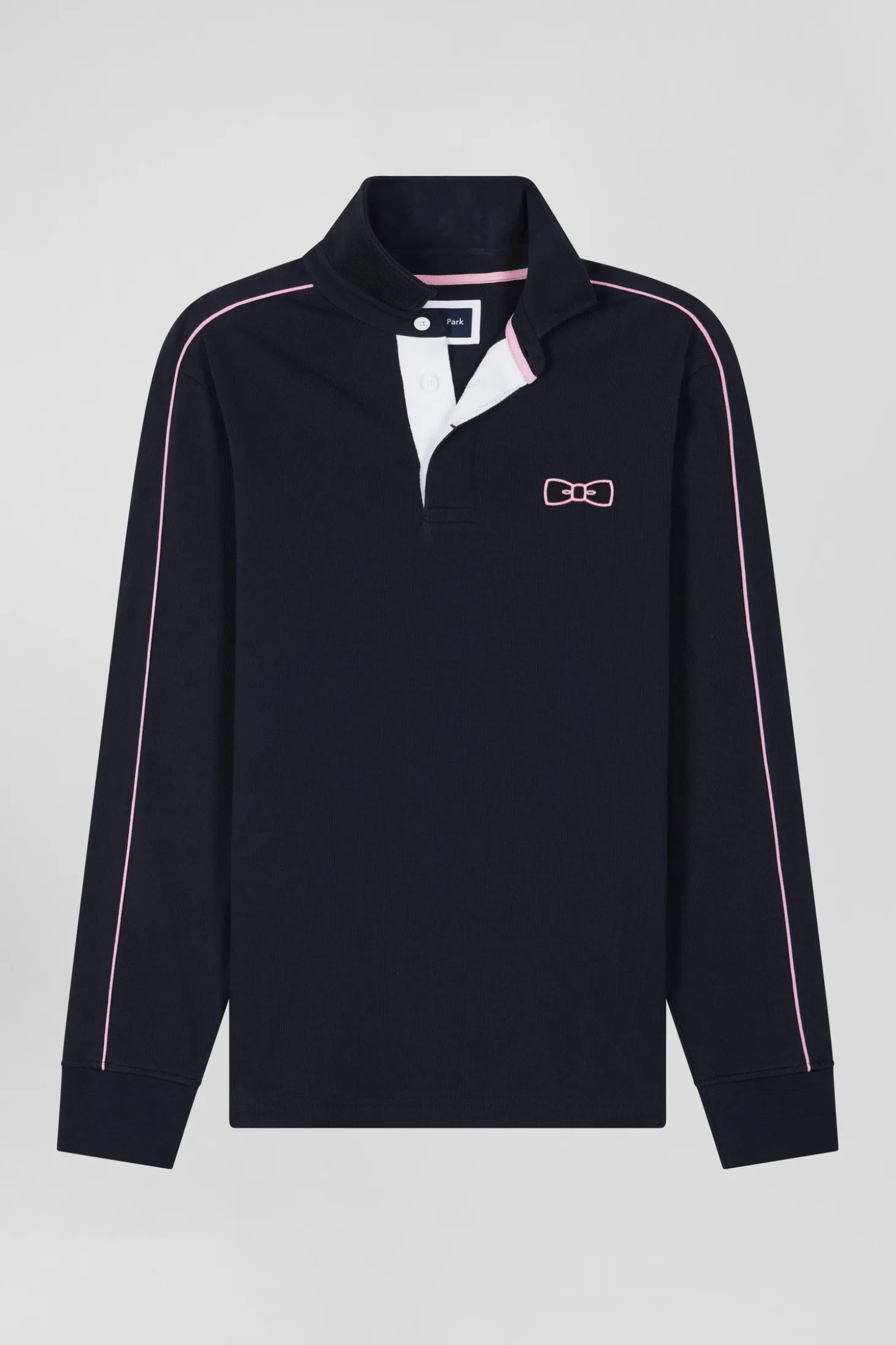Maillot manches longues en coton bleu marine passepoil rose coupe Regular