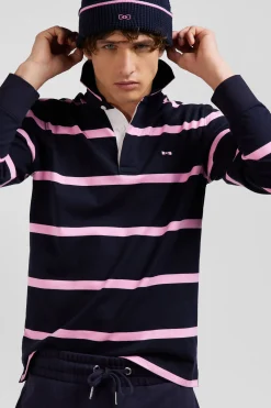 Maillot manches longues en coton cerclé bleu marine broderie dos coupe Regular