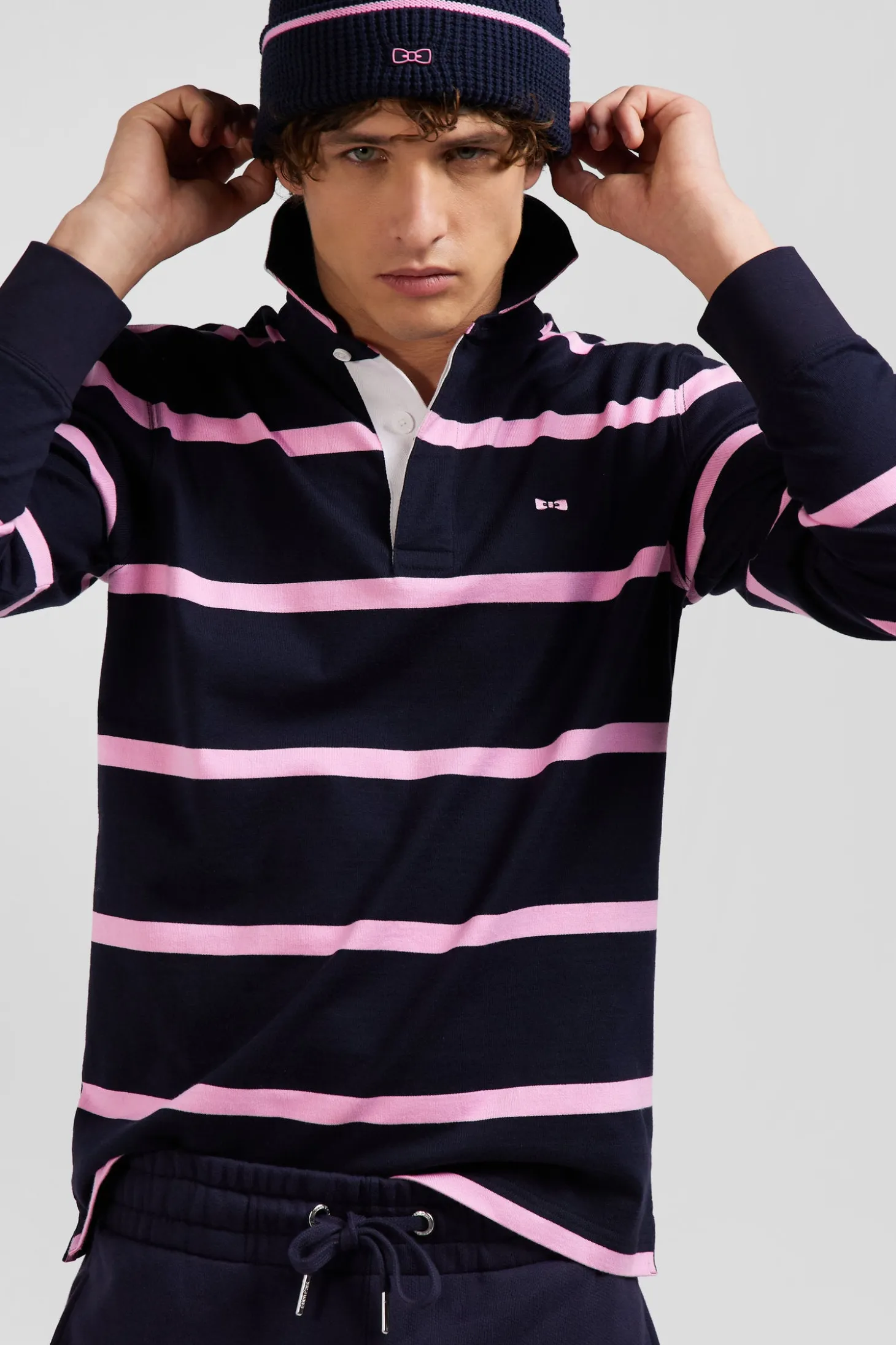 Maillot manches longues en coton cerclé bleu marine broderie dos coupe Regular