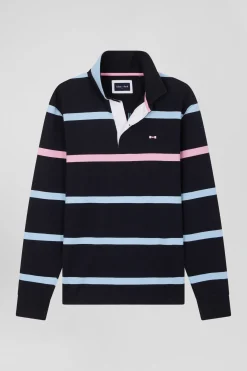 Maillot manches longues en coton cerclé bleu marine et ciel broderie dos coupe Regular