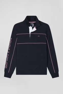 Maillot manches longues en coton bleu marine passepoil rose broderie Eden Park coupe Regular