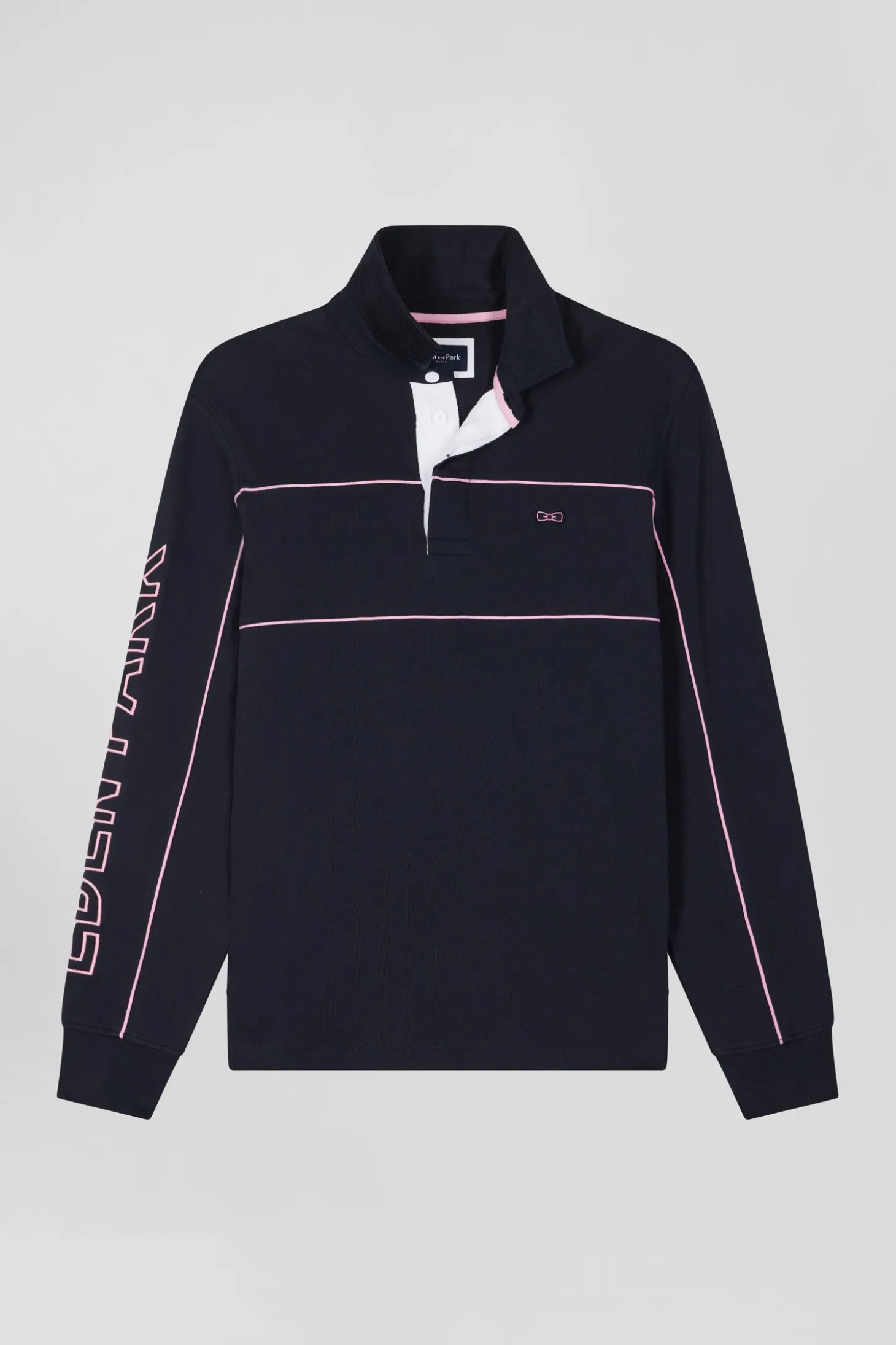 Maillot manches longues en coton bleu marine passepoil rose broderie Eden Park coupe Regular