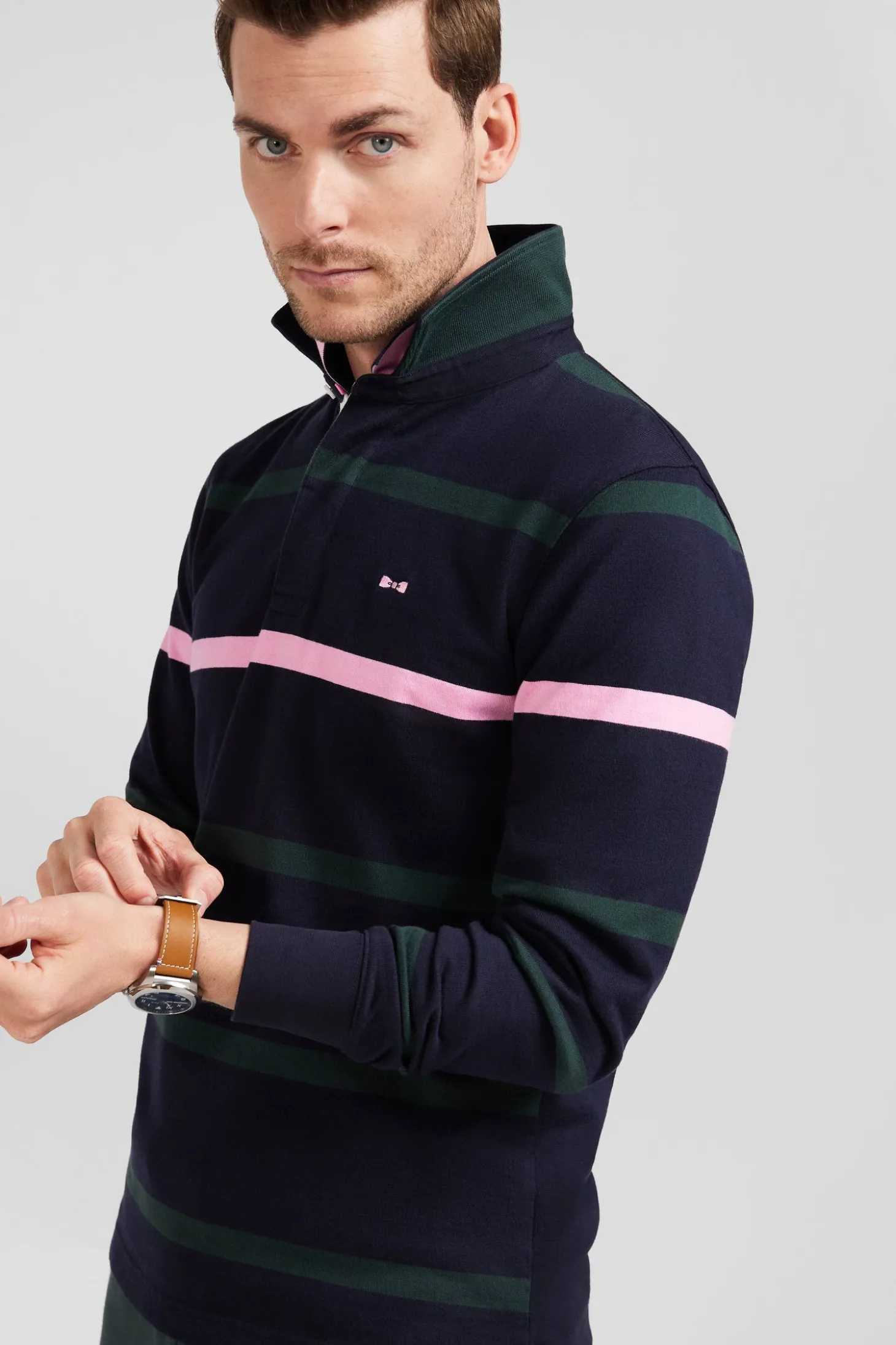 Maillot manches longues en coton cerclé vert broderie dos coupe Regular