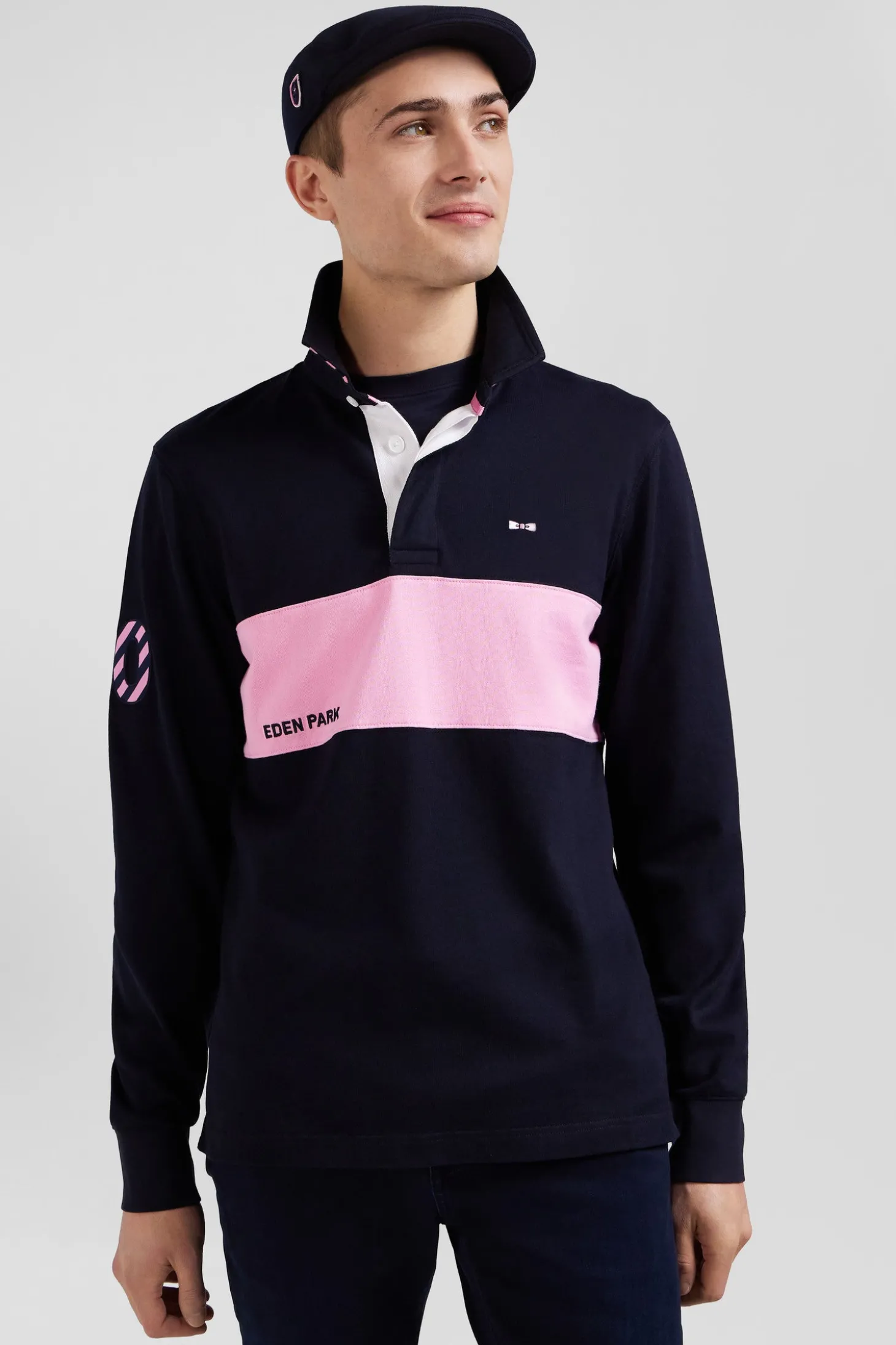 Maillot manches longues en coton bleu marine rayure rose coupe Regular