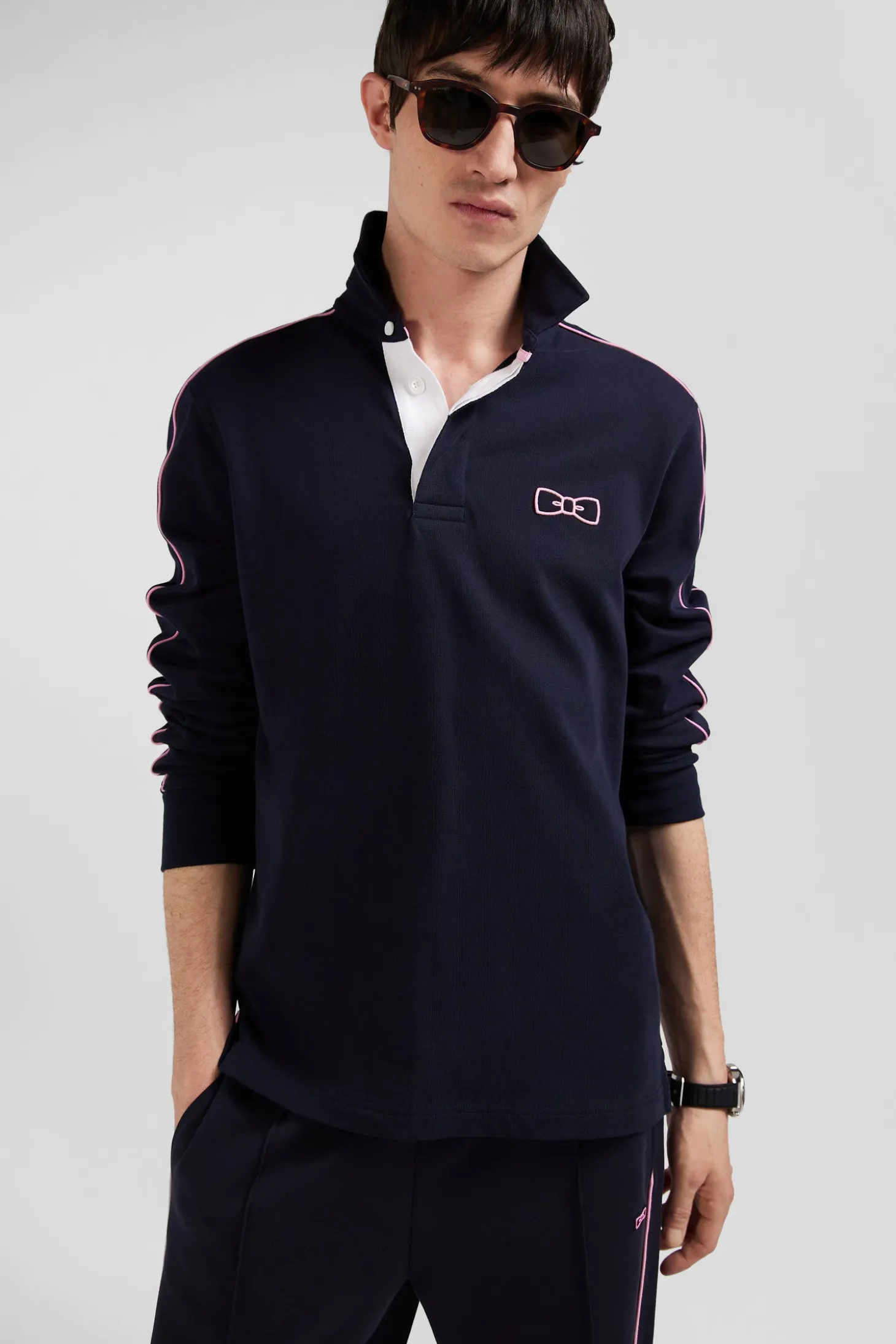 Maillot manches longues en coton bleu marine passepoil rose coupe Regular