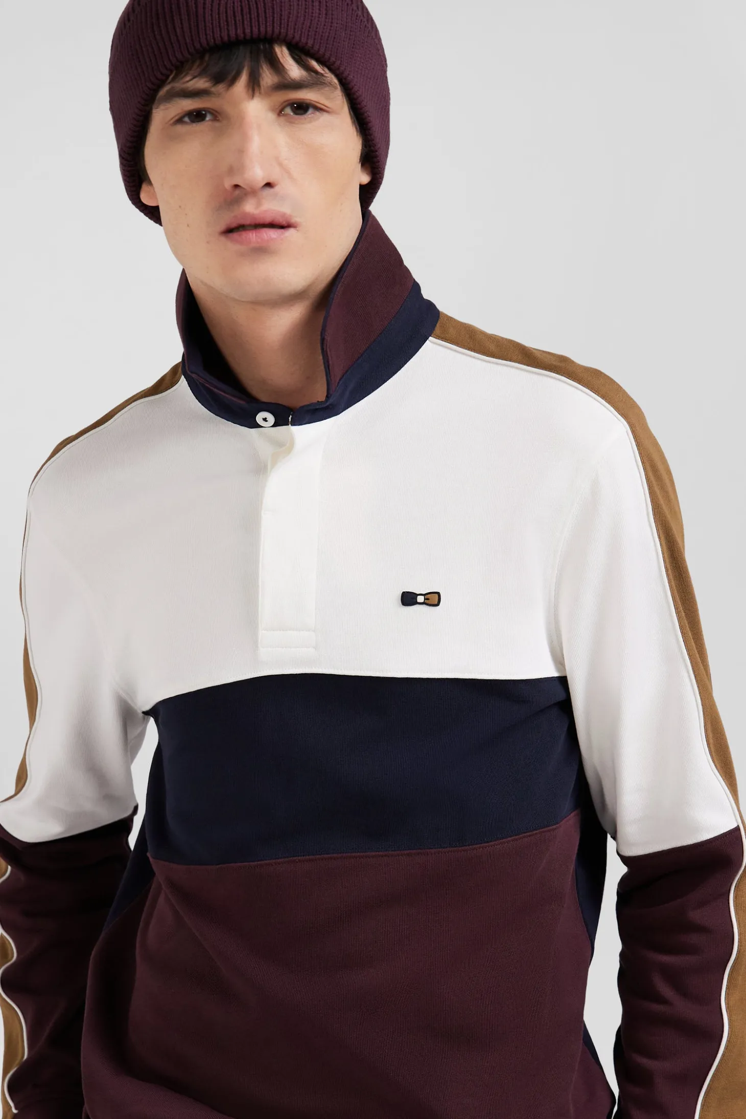 Maillot manches longues en coton bordeaux broderie dos et passepoil coupe Regular