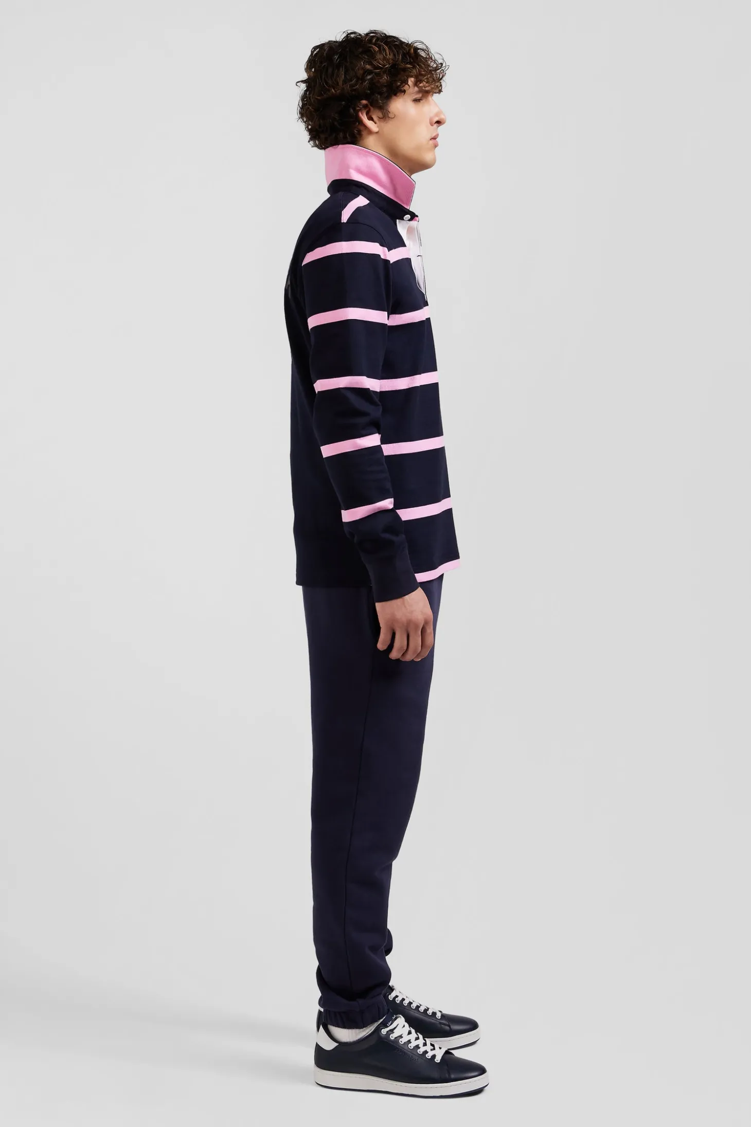 Maillot manches longues en coton cerclé bleu marine broderie dos coupe Regular