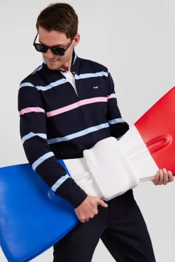 Maillot manches longues en coton cerclé bleu marine et ciel broderie dos coupe Regular