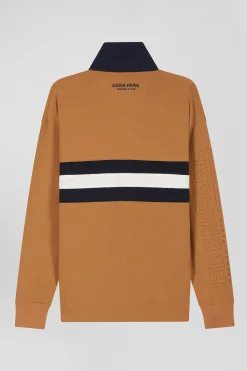Maillot manches longues en coton camel brodé coupe Relaxed
