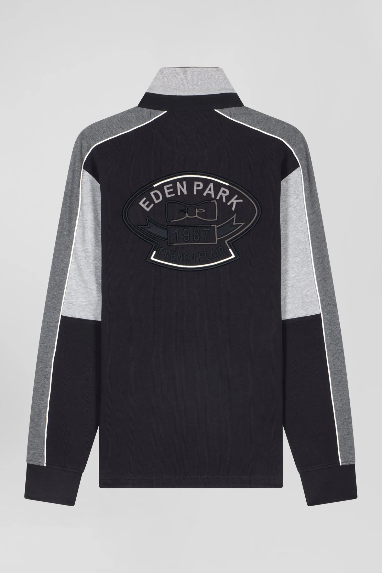 Maillot manches longues en coton noir broderie dos et passepoil coupe Regular
