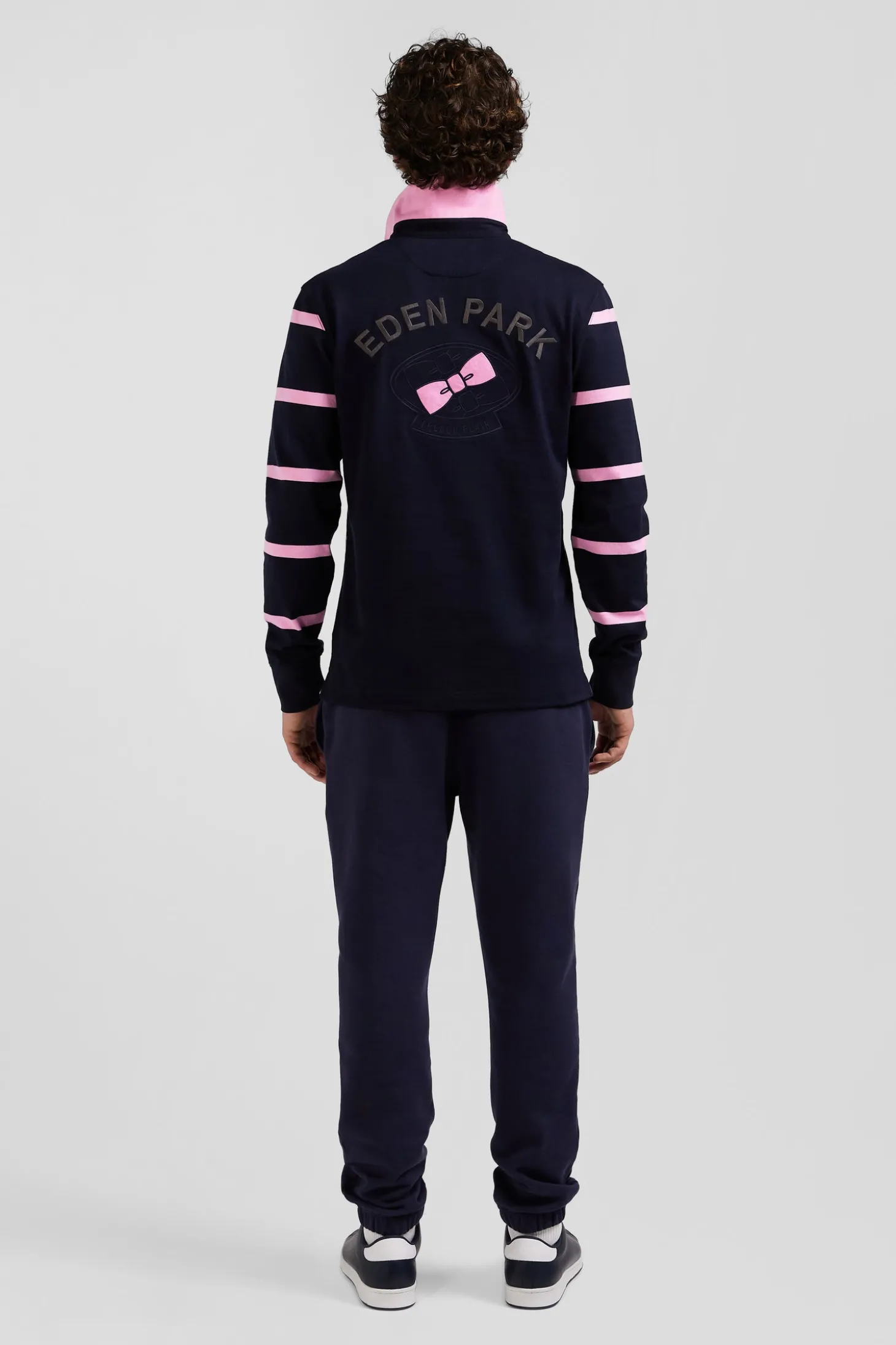 Maillot manches longues en coton cerclé bleu marine broderie dos coupe Regular