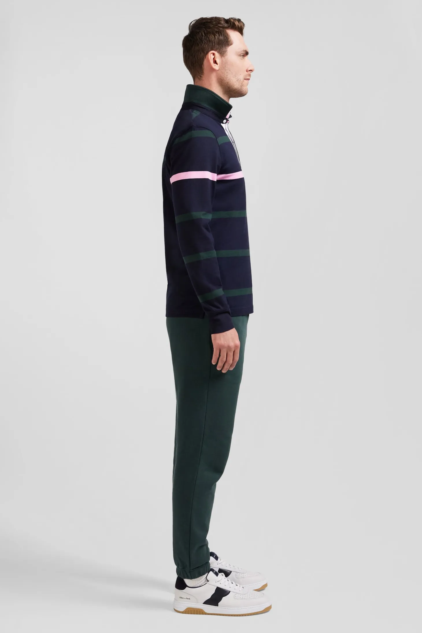 Maillot manches longues en coton cerclé vert broderie dos coupe Regular