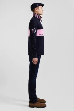 Maillot manches longues en coton bleu marine rayure rose coupe Regular