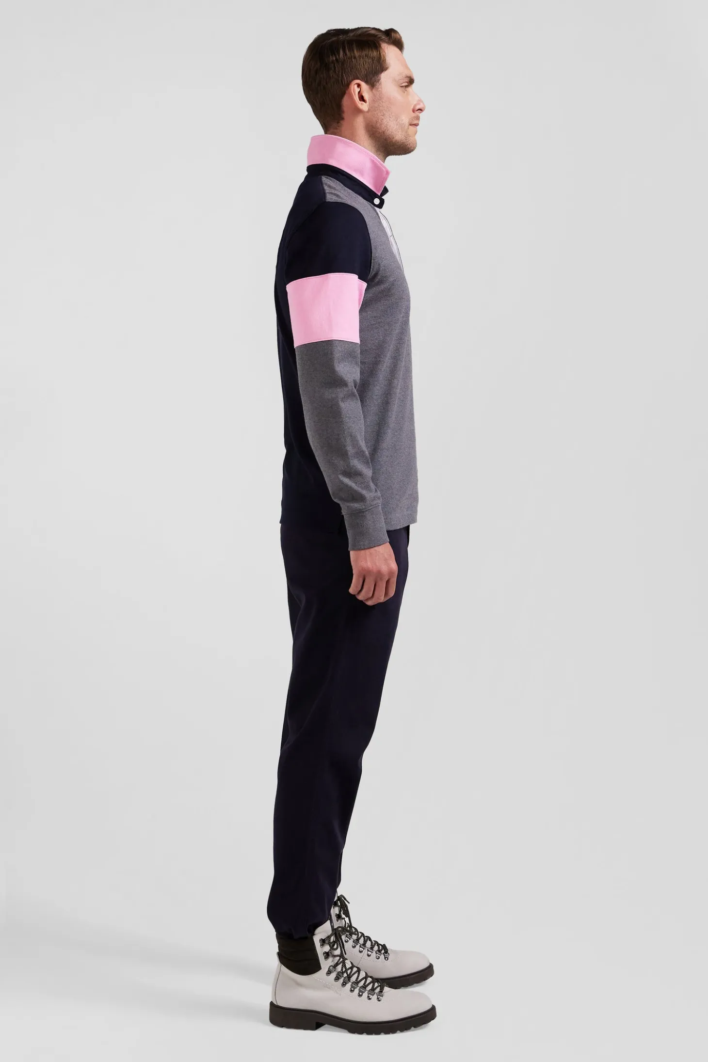 Maillot manches longues en coton gris broderie et applications de tissus cravate coupe Regular