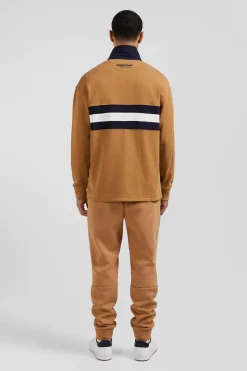 Maillot manches longues en coton camel brodé coupe Relaxed