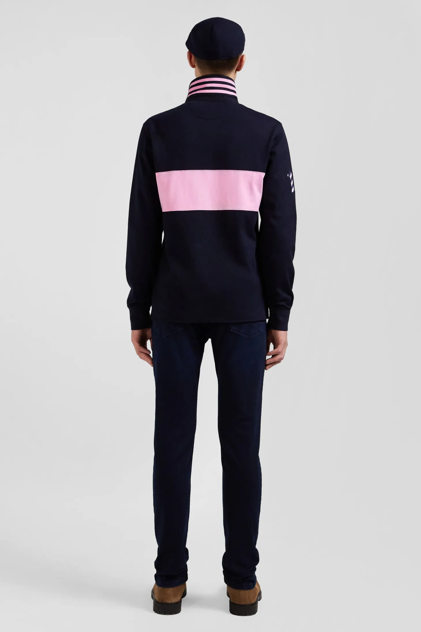 Maillot manches longues en coton bleu marine rayure rose coupe Regular