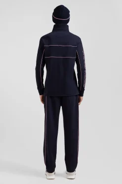 Maillot manches longues en coton bleu marine passepoil rose broderie Eden Park coupe Regular
