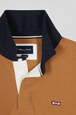 Maillot manches longues en coton camel brodé coupe Relaxed