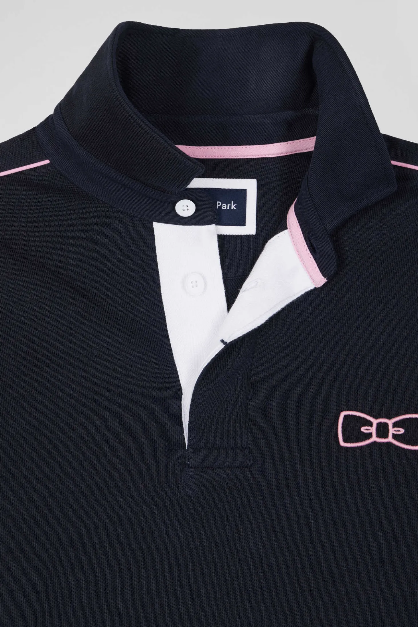 Maillot manches longues en coton bleu marine passepoil rose coupe Regular