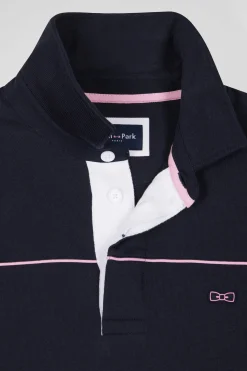 Maillot manches longues en coton bleu marine passepoil rose broderie Eden Park coupe Regular