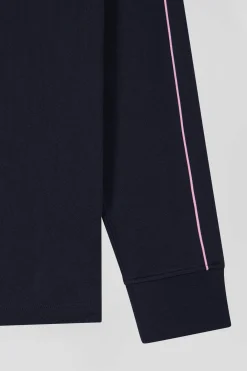 Maillot manches longues en coton bleu marine passepoil rose coupe Regular