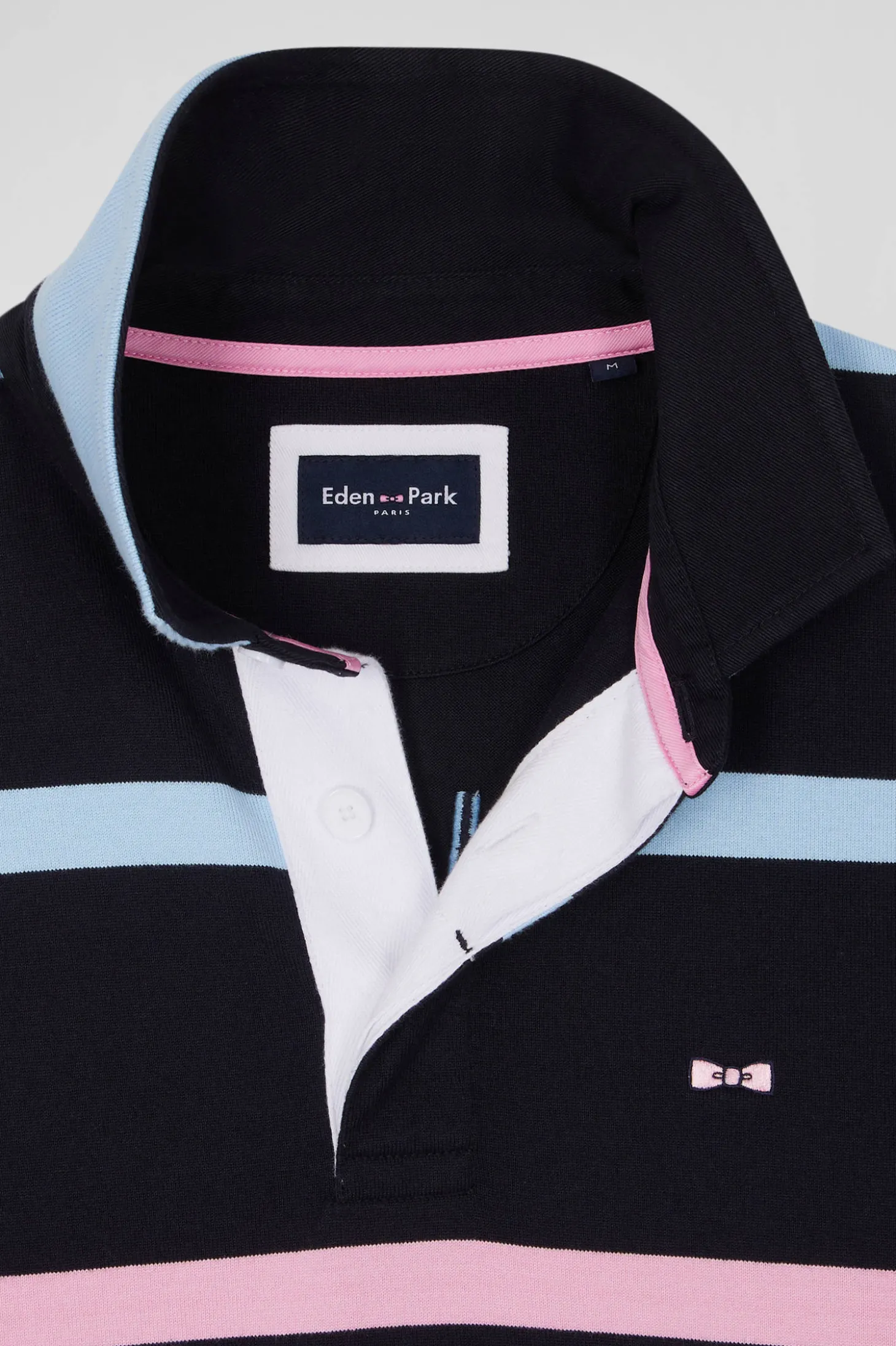 Maillot manches longues en coton cerclé bleu marine et ciel broderie dos coupe Regular