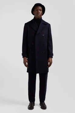 Manteau à double boutonnage en laine mélangée bleu marine