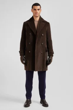 Manteau à double boutonnage en coton mélangé stretch marron