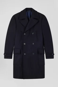 Manteau à double boutonnage en laine mélangée bleu marine