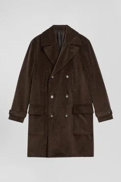 Manteau à double boutonnage en coton mélangé stretch marron