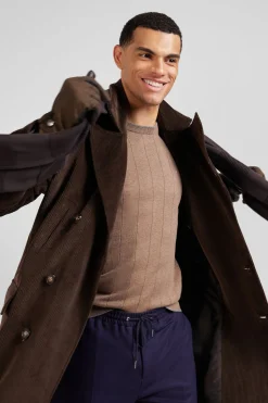 Manteau à double boutonnage en coton mélangé stretch marron