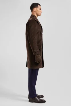 Manteau à double boutonnage en coton mélangé stretch marron