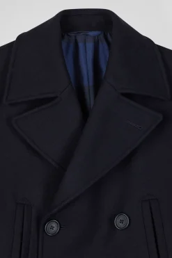 Manteau à double boutonnage en laine mélangée bleu marine