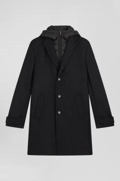 Manteau en jersey de laine double face noir parmenture matelassée