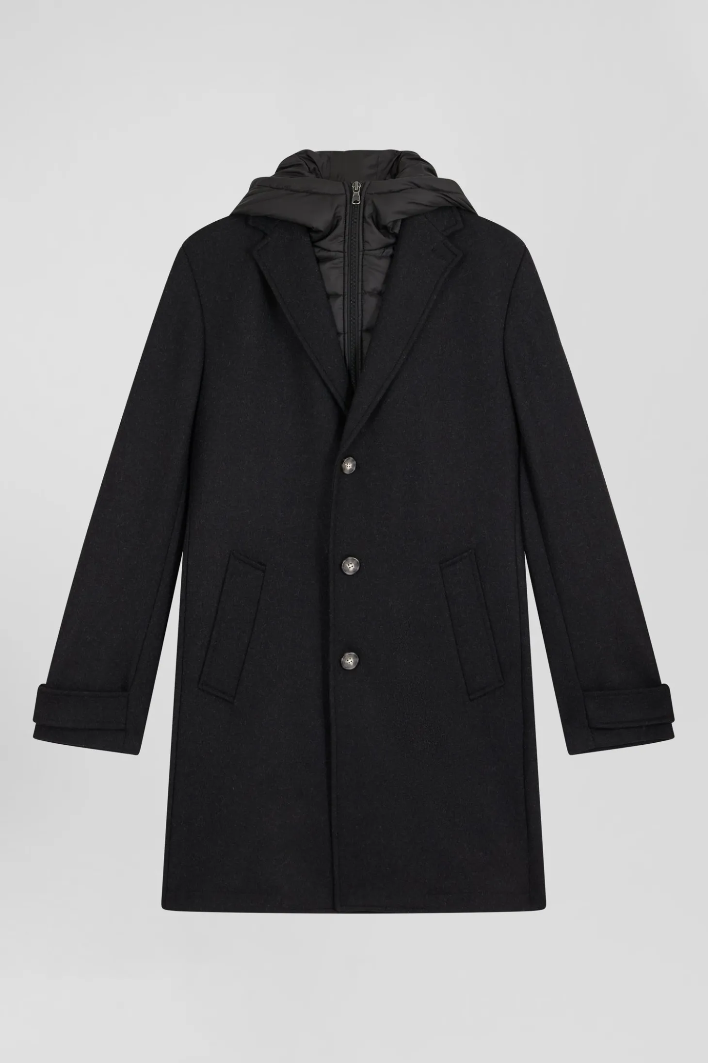 Manteau en jersey de laine double face noir parmenture matelassée