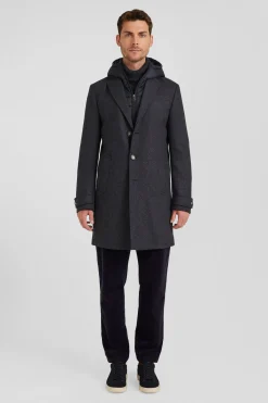 Manteau en jersey de laine double face gris anthracite parmenture matelassée